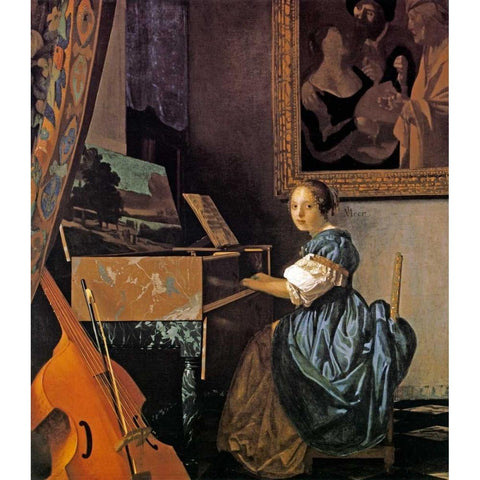 Lady Seated At A Virginal White Modern Wood Framed Art Print by Vermeer, Johannes