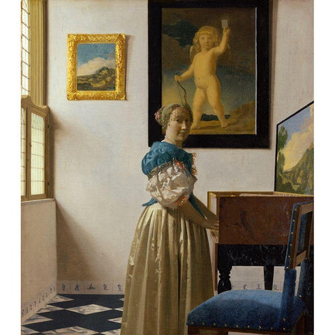 Lady Standing At A Virginal Gold Ornate Wood Framed Art Print with Double Matting by Vermeer, Johannes