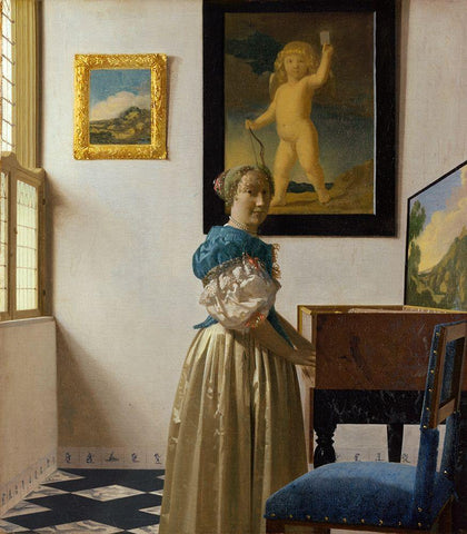 Lady Standing At A Virginal Black Ornate Wood Framed Art Print with Double Matting by Vermeer, Johannes