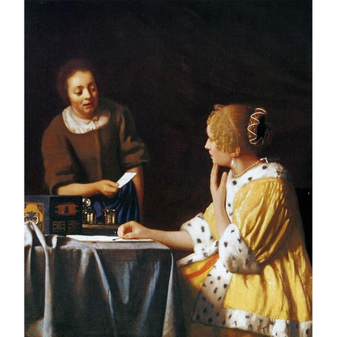 Lady With A Maidservant Holding A Letter Gold Ornate Wood Framed Art Print with Double Matting by Vermeer, Johannes