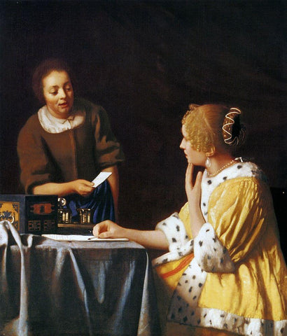 Lady With A Maidservant Holding A Letter Black Ornate Wood Framed Art Print with Double Matting by Vermeer, Johannes