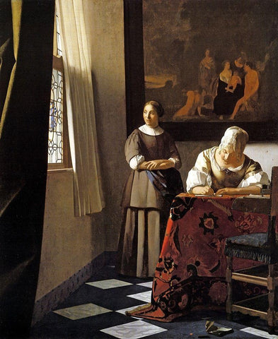 Lady Writing A Letter With Her Maid Black Ornate Wood Framed Art Print with Double Matting by Vermeer, Johannes