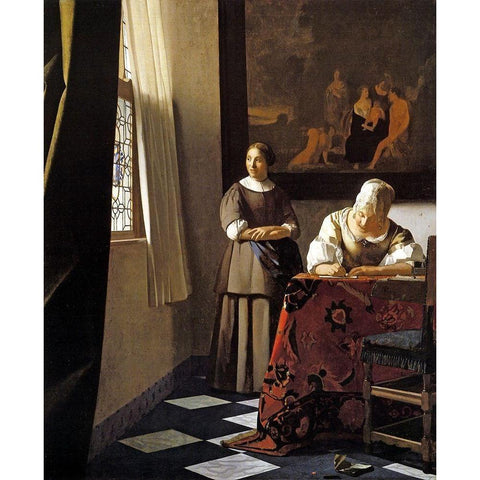 Lady Writing A Letter With Her Maid White Modern Wood Framed Art Print by Vermeer, Johannes