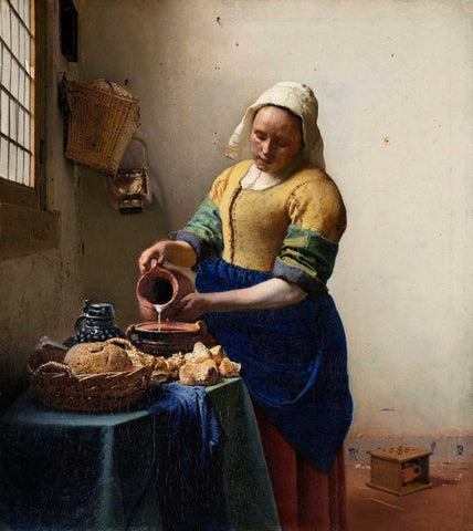 Milkmaid Black Ornate Wood Framed Art Print with Double Matting by Vermeer, Johannes