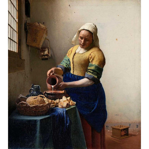 Milkmaid Black Modern Wood Framed Art Print with Double Matting by Vermeer, Johannes