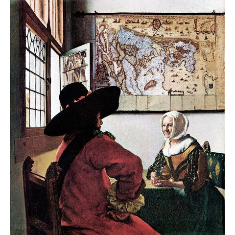 Soldier And Young Girl Smiling White Modern Wood Framed Art Print by Vermeer, Johannes