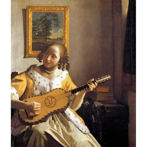 The Guitar Player Gold Ornate Wood Framed Art Print with Double Matting by Vermeer, Johannes