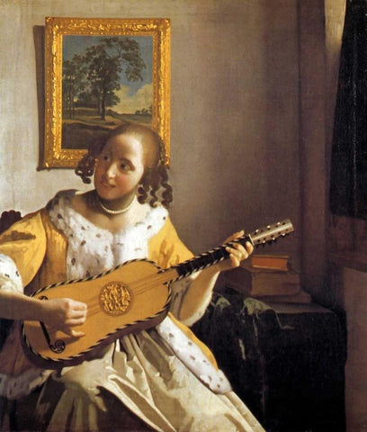 The Guitar Player White Modern Wood Framed Art Print with Double Matting by Vermeer, Johannes