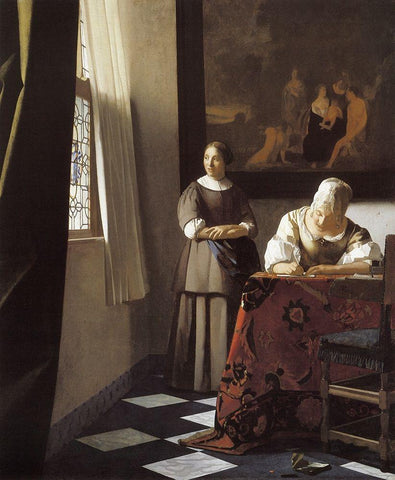 The Letter Black Ornate Wood Framed Art Print with Double Matting by Vermeer, Johannes