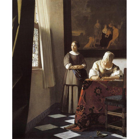 The Letter Black Modern Wood Framed Art Print by Vermeer, Johannes