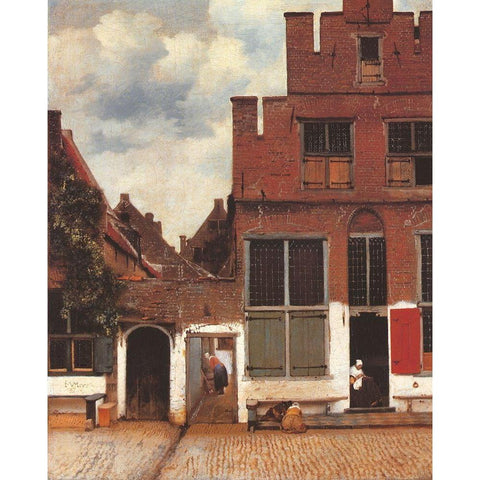 The Little Street Black Modern Wood Framed Art Print with Double Matting by Vermeer, Johannes