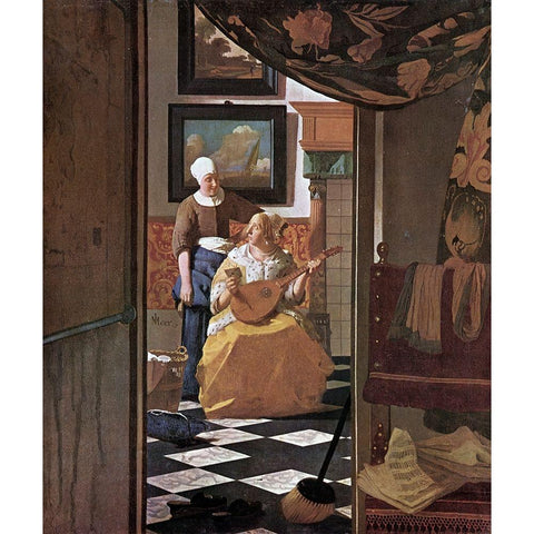 The Love Letter Gold Ornate Wood Framed Art Print with Double Matting by Vermeer, Johannes