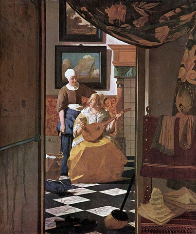 The Love Letter Black Ornate Wood Framed Art Print with Double Matting by Vermeer, Johannes