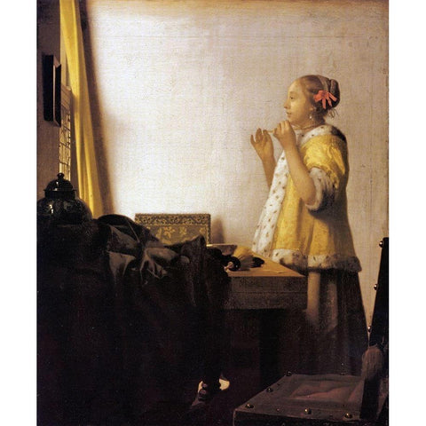 Woman With A Pearl Necklace White Modern Wood Framed Art Print by Vermeer, Johannes