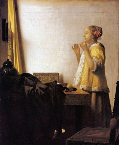 Woman With A Pearl Necklace Black Ornate Wood Framed Art Print with Double Matting by Vermeer, Johannes