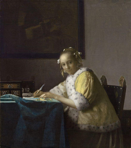 Writing Lady In Yellow Jacket Black Ornate Wood Framed Art Print with Double Matting by Vermeer, Johannes