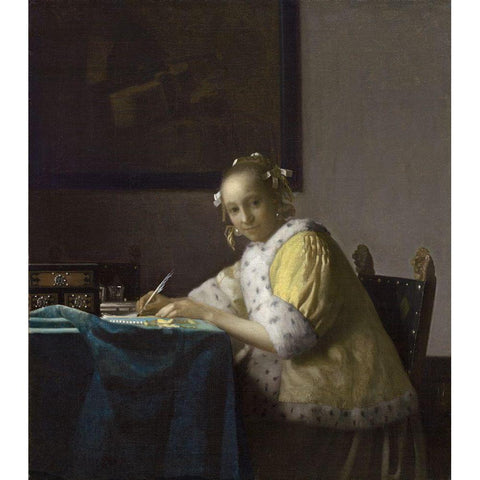 Writing Lady In Yellow Jacket Black Modern Wood Framed Art Print with Double Matting by Vermeer, Johannes