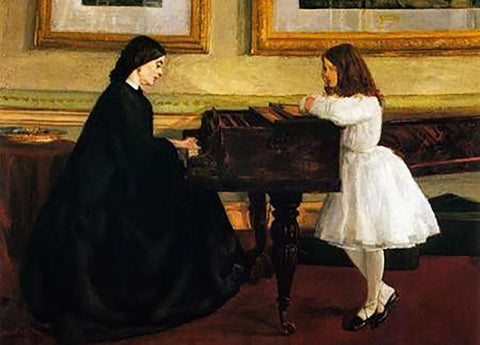 At The Piano Black Ornate Wood Framed Art Print with Double Matting by Whistler, James McNeill