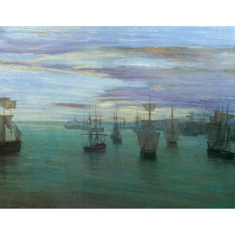 Crepuscule In Flesh Colour And Green Valparaiso 1866 Black Modern Wood Framed Art Print by Whistler, James McNeill