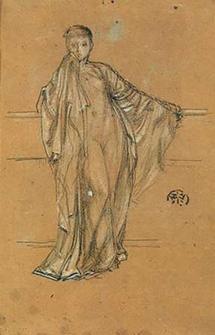 Draped Figure At A Railing 1868 White Modern Wood Framed Art Print with Double Matting by Whistler, James McNeill