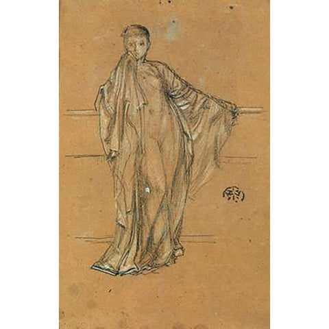 Draped Figure At A Railing 1868 Gold Ornate Wood Framed Art Print with Double Matting by Whistler, James McNeill