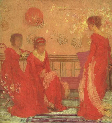 Harmony In Flesh Colour And Red 1869 Black Ornate Wood Framed Art Print with Double Matting by Whistler, James McNeill
