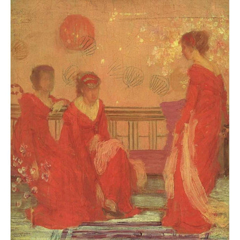 Harmony In Flesh Colour And Red 1869 White Modern Wood Framed Art Print by Whistler, James McNeill