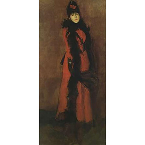 Red And Black The Fan 1891 Black Modern Wood Framed Art Print with Double Matting by Whistler, James McNeill