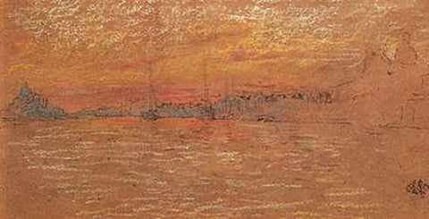 The Riva Sunset Red And Gold 1880 Black Ornate Wood Framed Art Print with Double Matting by Whistler, James McNeill