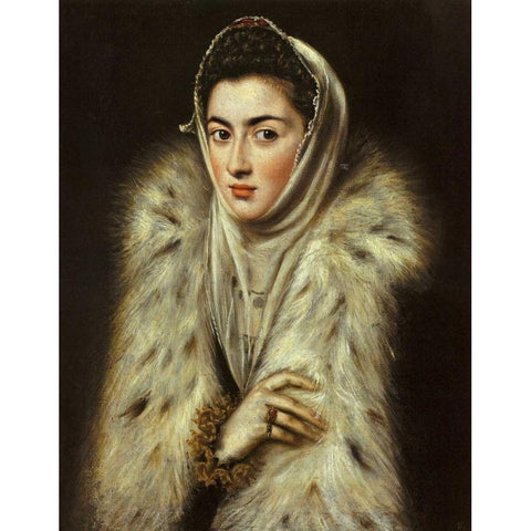 A Lady In A Fur Wrap Gold Ornate Wood Framed Art Print with Double Matting by El Greco