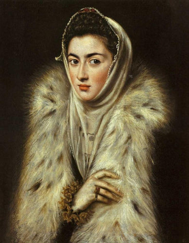 A Lady In A Fur Wrap White Modern Wood Framed Art Print with Double Matting by El Greco