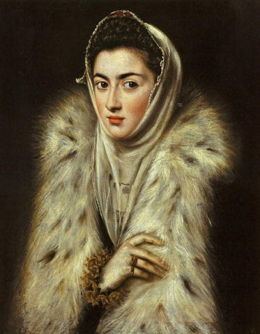 A Lady In A Fur Wrap Black Ornate Wood Framed Art Print with Double Matting by El Greco