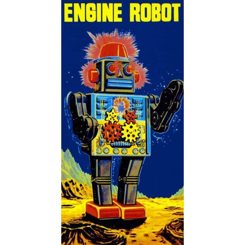 Engine Robot Black Modern Wood Framed Art Print with Double Matting by Retrobot