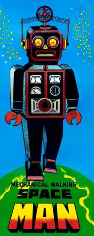 Mechanical Walking Space Man Black Ornate Wood Framed Art Print with Double Matting by Retrobot