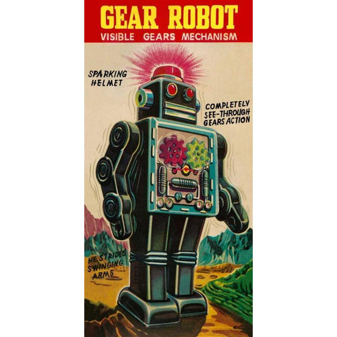 Gear Robot Black Modern Wood Framed Art Print with Double Matting by Retrobot