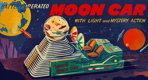 Moon Car White Modern Wood Framed Art Print with Double Matting by Retrobot