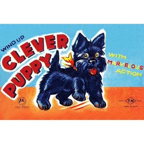 Wind Up Clever Puppy Black Modern Wood Framed Art Print with Double Matting by Retrobot