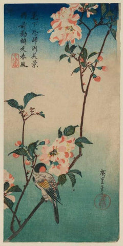 Small bird on a branch of Kaidozakura White Modern Wood Framed Art Print with Double Matting by Hiroshige, Ando