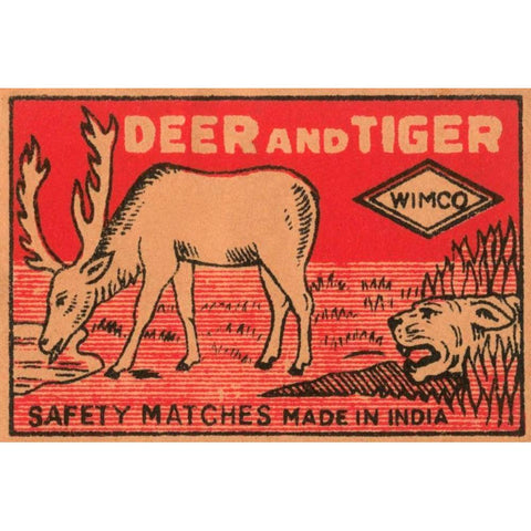 Deer and Tiger Safety Matches White Modern Wood Framed Art Print by Phillumenart