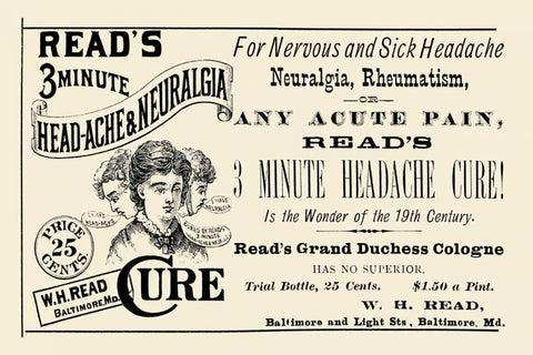 Reads 3 minute Head-Ache and Neuralgia Cure Black Ornate Wood Framed Art Print with Double Matting by Advertisement