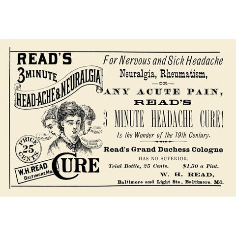 Reads 3 minute Head-Ache and Neuralgia Cure Gold Ornate Wood Framed Art Print with Double Matting by Advertisement