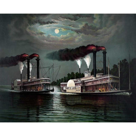 Race of the steamers Robert. E. Lee and Natchez on the Mississippi Gold Ornate Wood Framed Art Print with Double Matting by Donaldosn