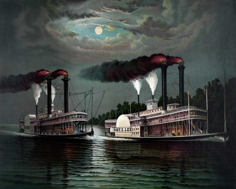 Race of the steamers Robert. E. Lee and Natchez on the Mississippi White Modern Wood Framed Art Print with Double Matting by Donaldosn