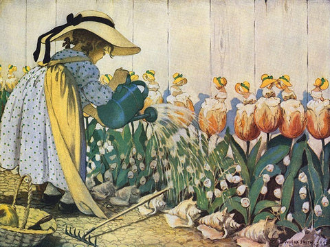 Flowers Being Watered - Mary, Mary Black Ornate Wood Framed Art Print with Double Matting by Smith, Jesse Willcox