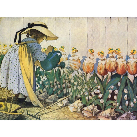 Flowers Being Watered - Mary, Mary Black Modern Wood Framed Art Print by Smith, Jesse Willcox