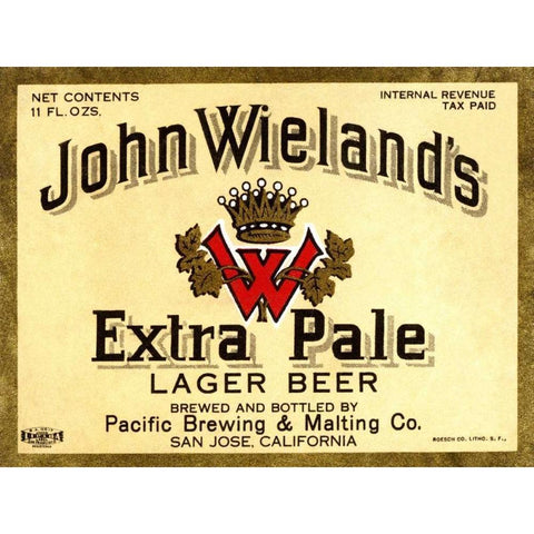 John Wielands Extra Pale Lager Beer Gold Ornate Wood Framed Art Print with Double Matting by Vintage Booze Labels