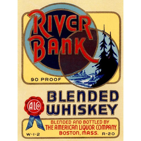 River Bank Blended Whiskey Black Modern Wood Framed Art Print with Double Matting by Vintage Booze Labels