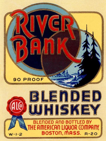 River Bank Blended Whiskey Black Ornate Wood Framed Art Print with Double Matting by Vintage Booze Labels