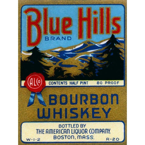 Blue Hills Bourbon Whiskey White Modern Wood Framed Art Print by Vintage Booze Labels