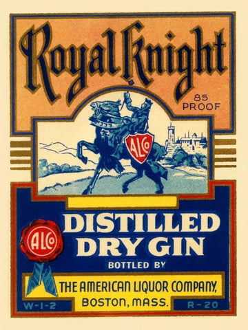 Royal Knight Distilled Dry Gin White Modern Wood Framed Art Print with Double Matting by Vintage Booze Labels